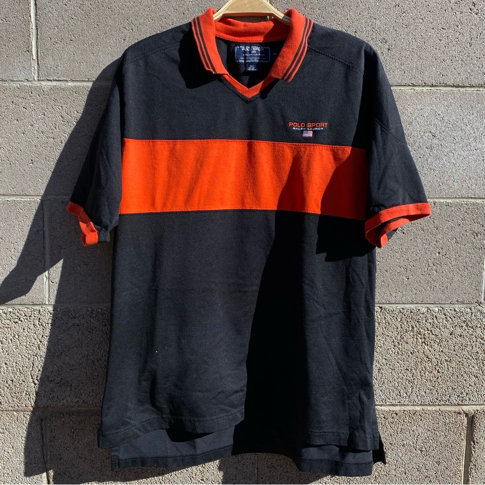 VINTAGE Polo Ralph Lauren Polo Sport Shirt Mens Extra Large XL Black Orange